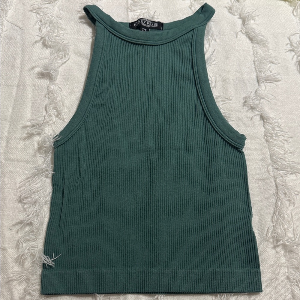 Honey Peach Sage Ribbed High Neck Crop Tank S